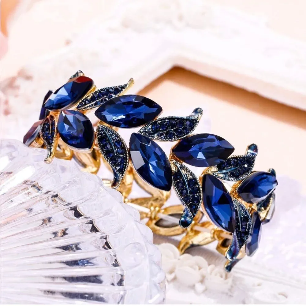 Yellow Gold and Blue Sapphire Austrian Crystal Leaf Stetchable Bracelet Bangle